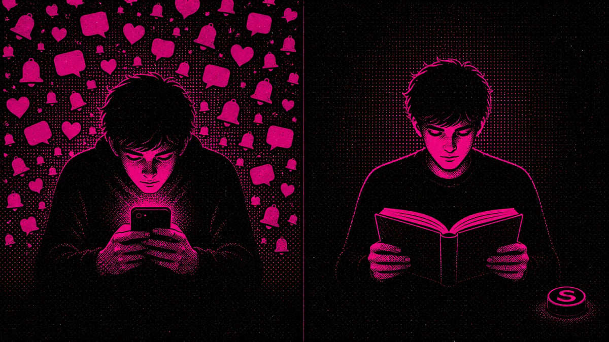 Before and after: person scrolling phone versus reading a book to reduce screen time — risograph illustration