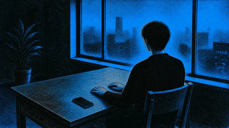 Person sitting quietly away from their phone during a dopamine detox, looking out a window