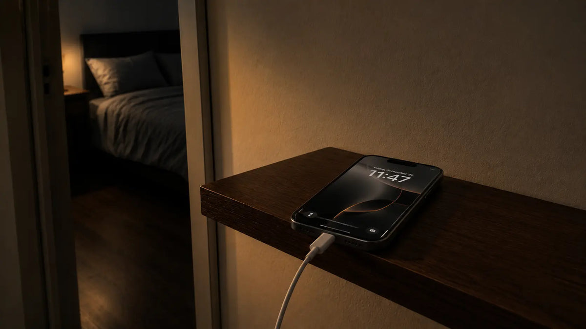 Phone charging on a hallway shelf at night with the bedroom visible through an open doorway