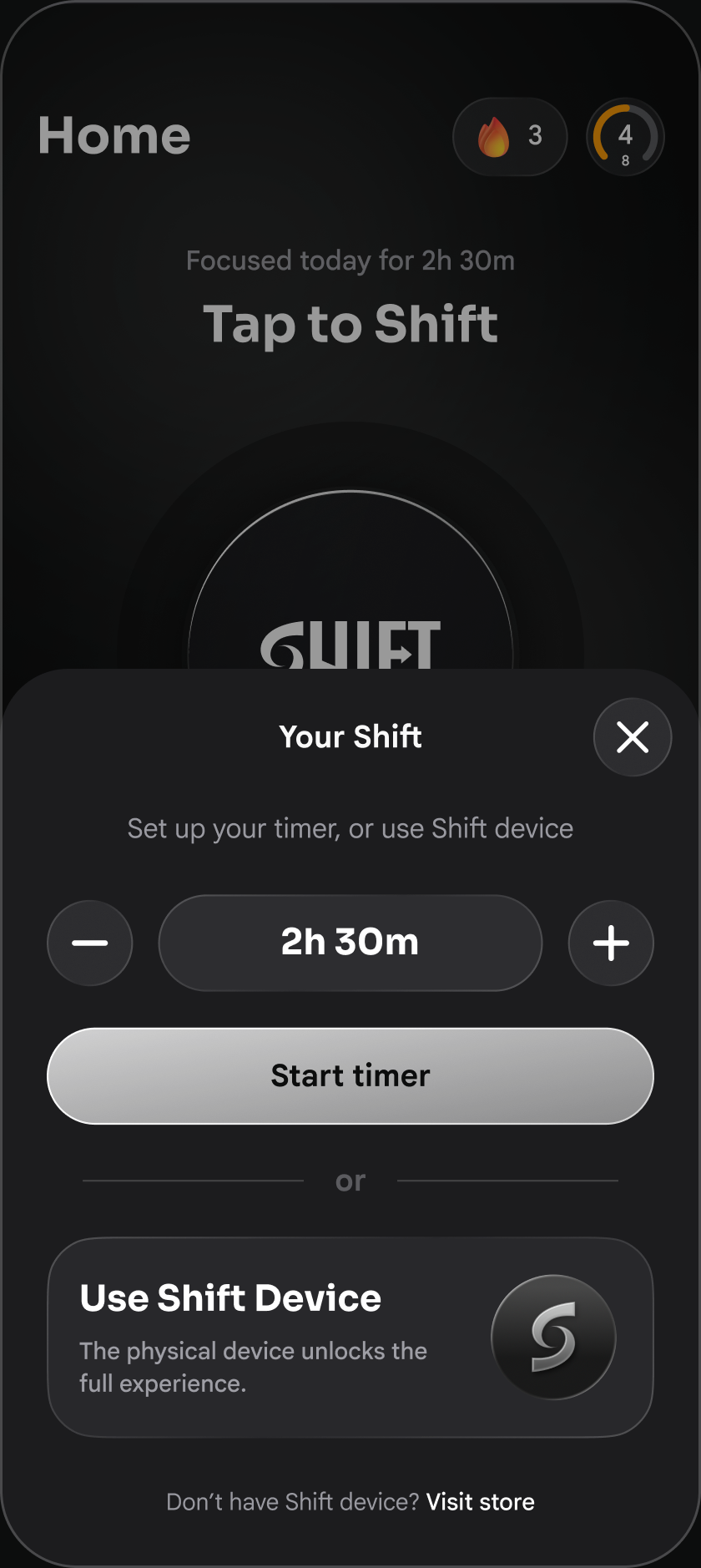 Starting a focus timer to block apps, or using the Shift device