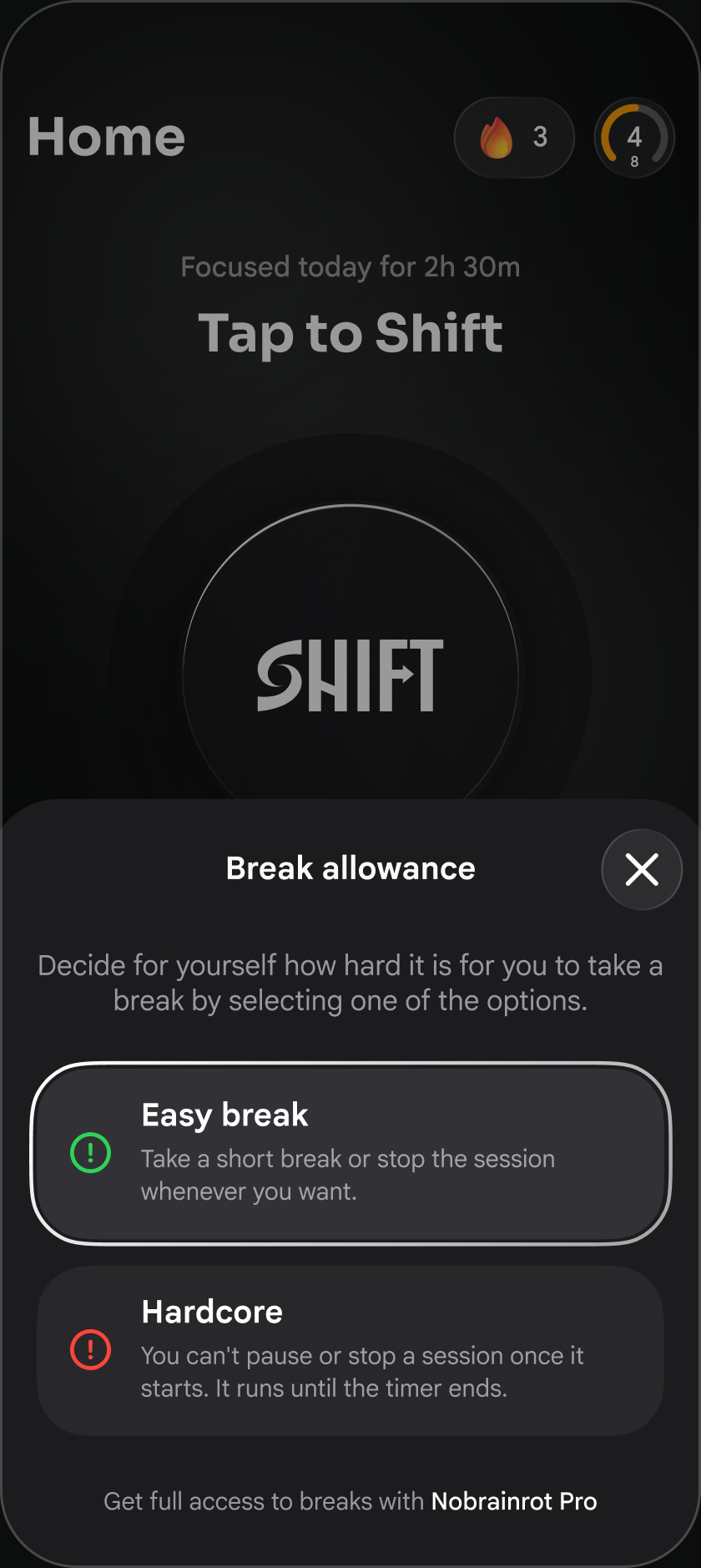 Break allowance in the Nobrainrot app blocker: Easy break or Hardcore mode