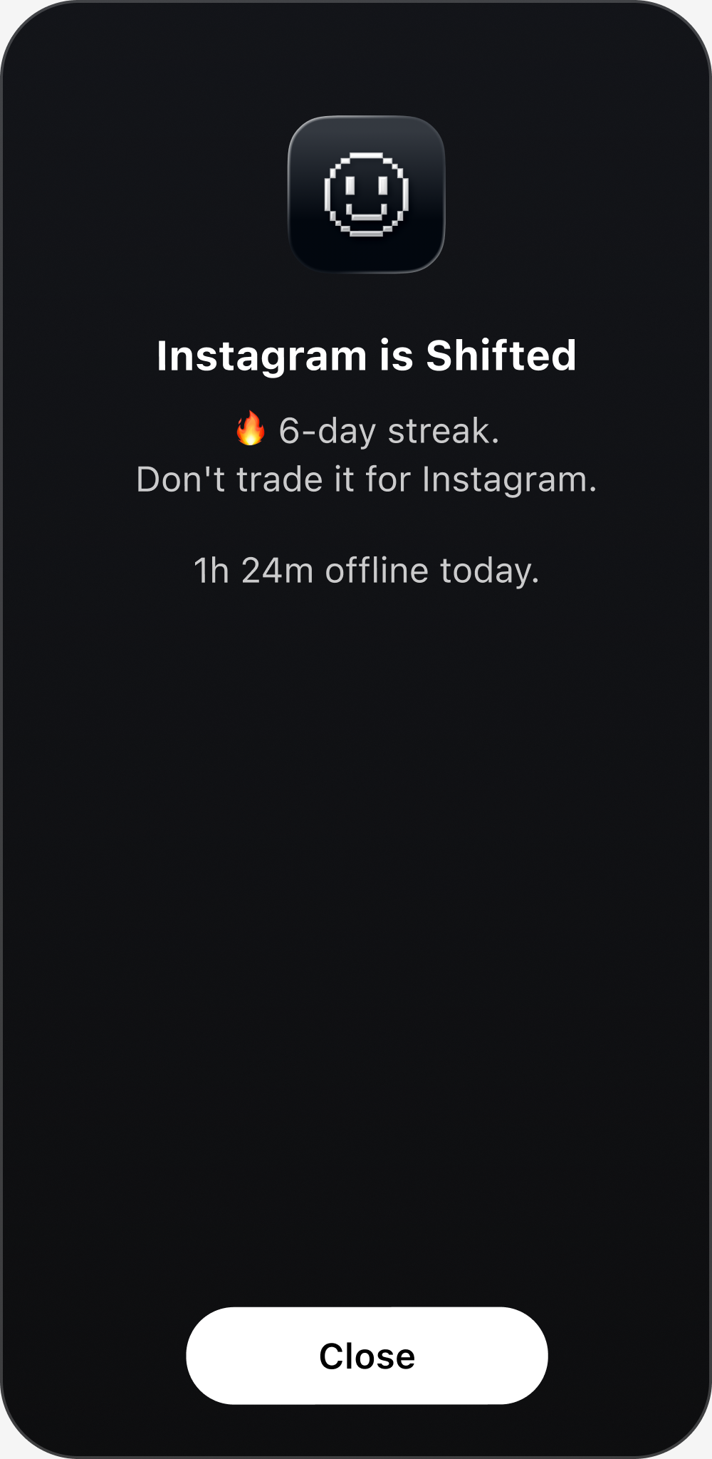 Instagram blocked on iPhone by Nobrainrot strict mode, showing a 6-day streak