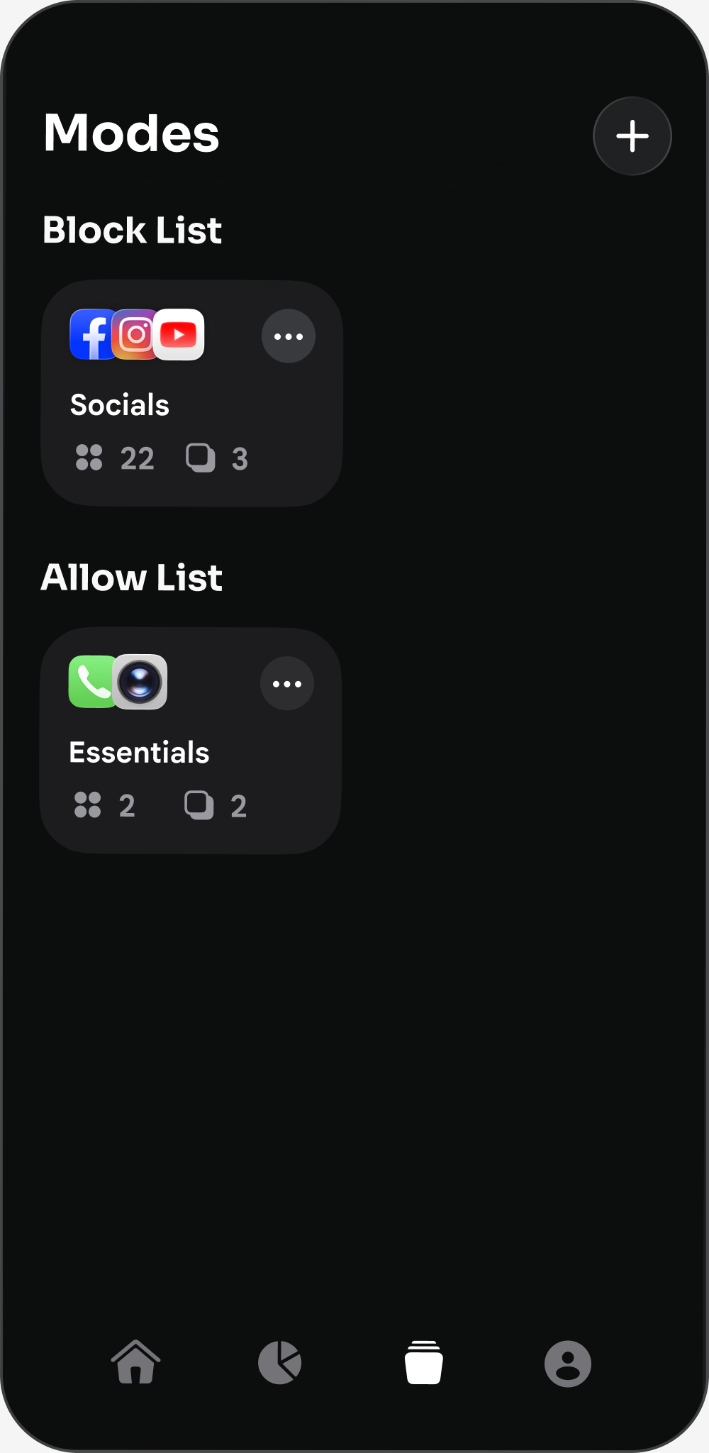Modes in the Nobrainrot app blocker: a block list for social media apps and an allow list