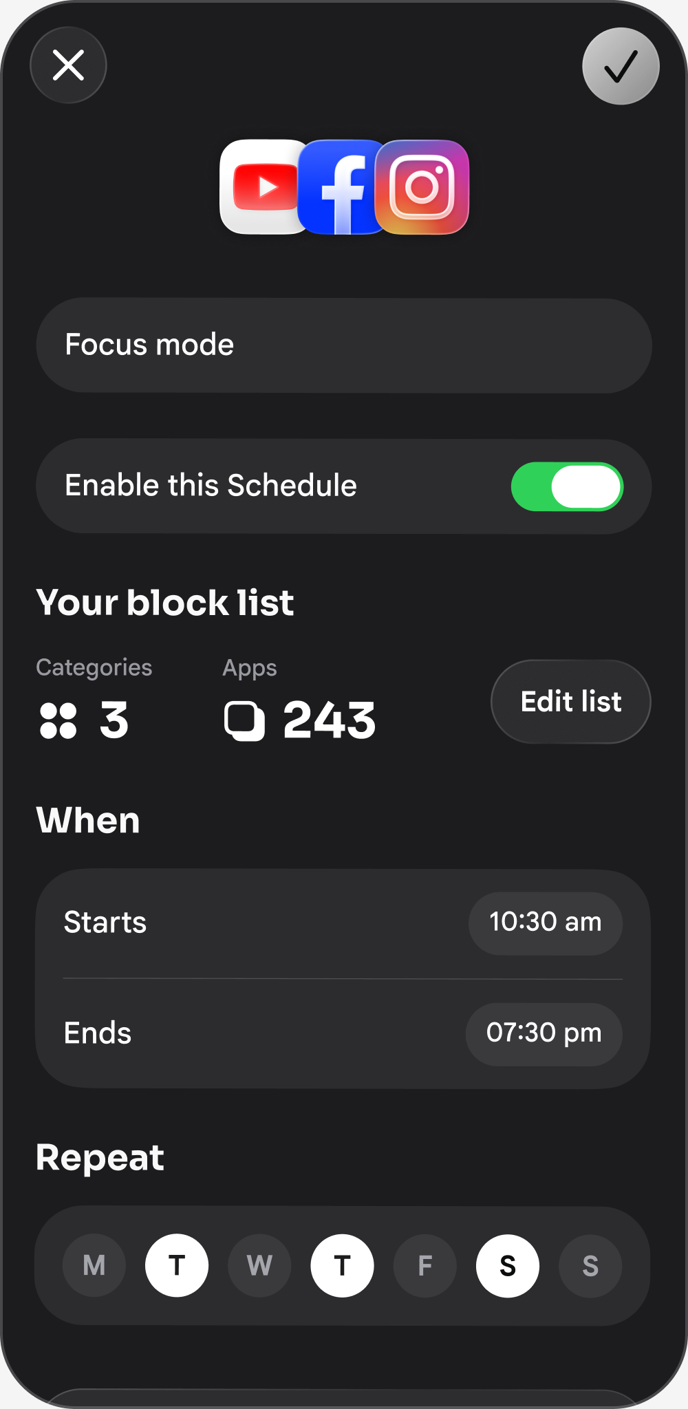 Schedule that blocks apps on iPhone from 10:30 am to 7:30 pm on chosen days